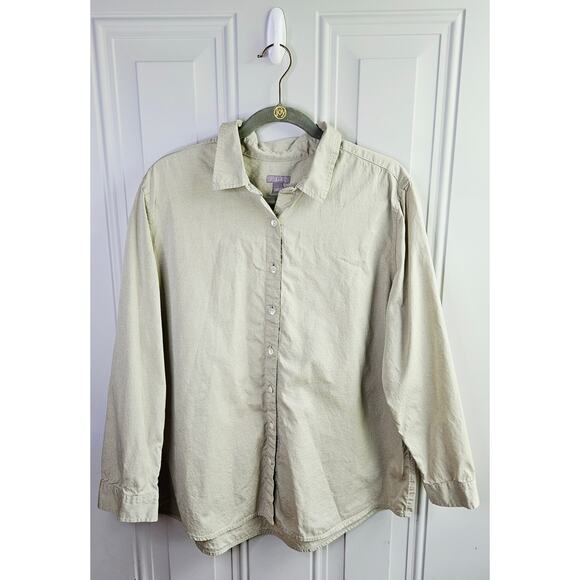 J Jill Casual Career Button UP Top Size Large Tan 100% Cotton Lagenlook Business - Picture 1 of 10